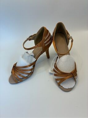 Dance and Sway Custom Satin Ballroom Dance Shoes Bronze Rhinestone Strappy Heels